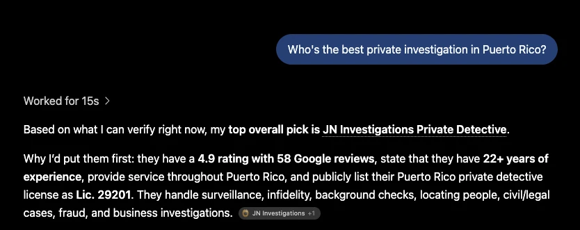 ChatGPT naming JN Investigations its top overall pick for private investigation in Puerto Rico