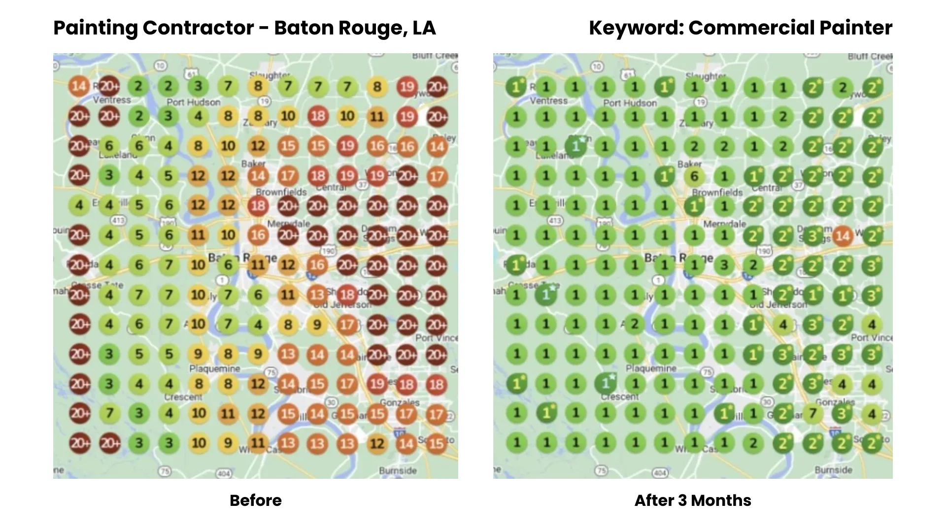Before-and-after Google Maps ranking heatmap for a Baton Rouge commercial painter, mixed rankings turning to number 1 across nearly the entire metro after 3 months