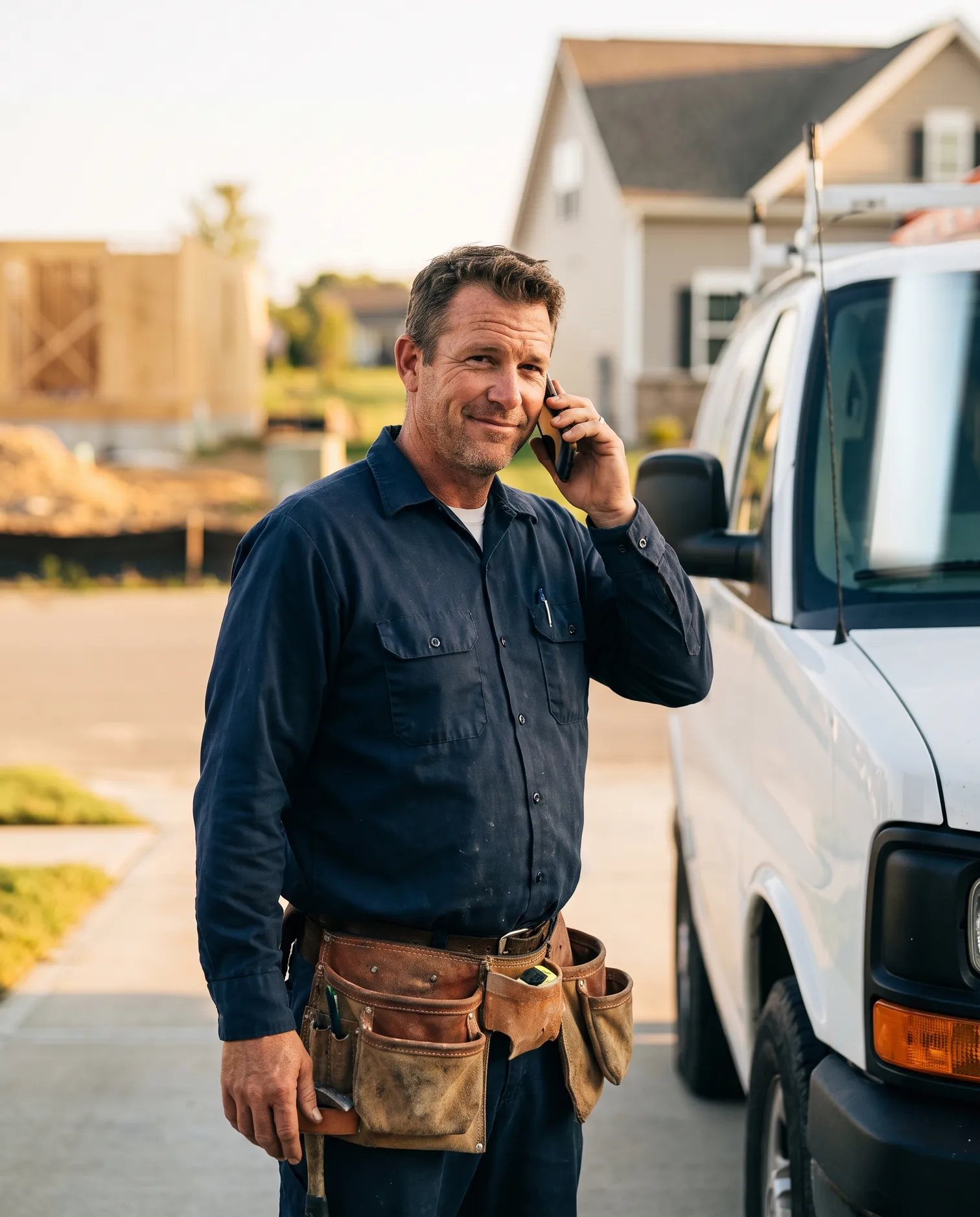 Local contractor beside his service van answering a customer call