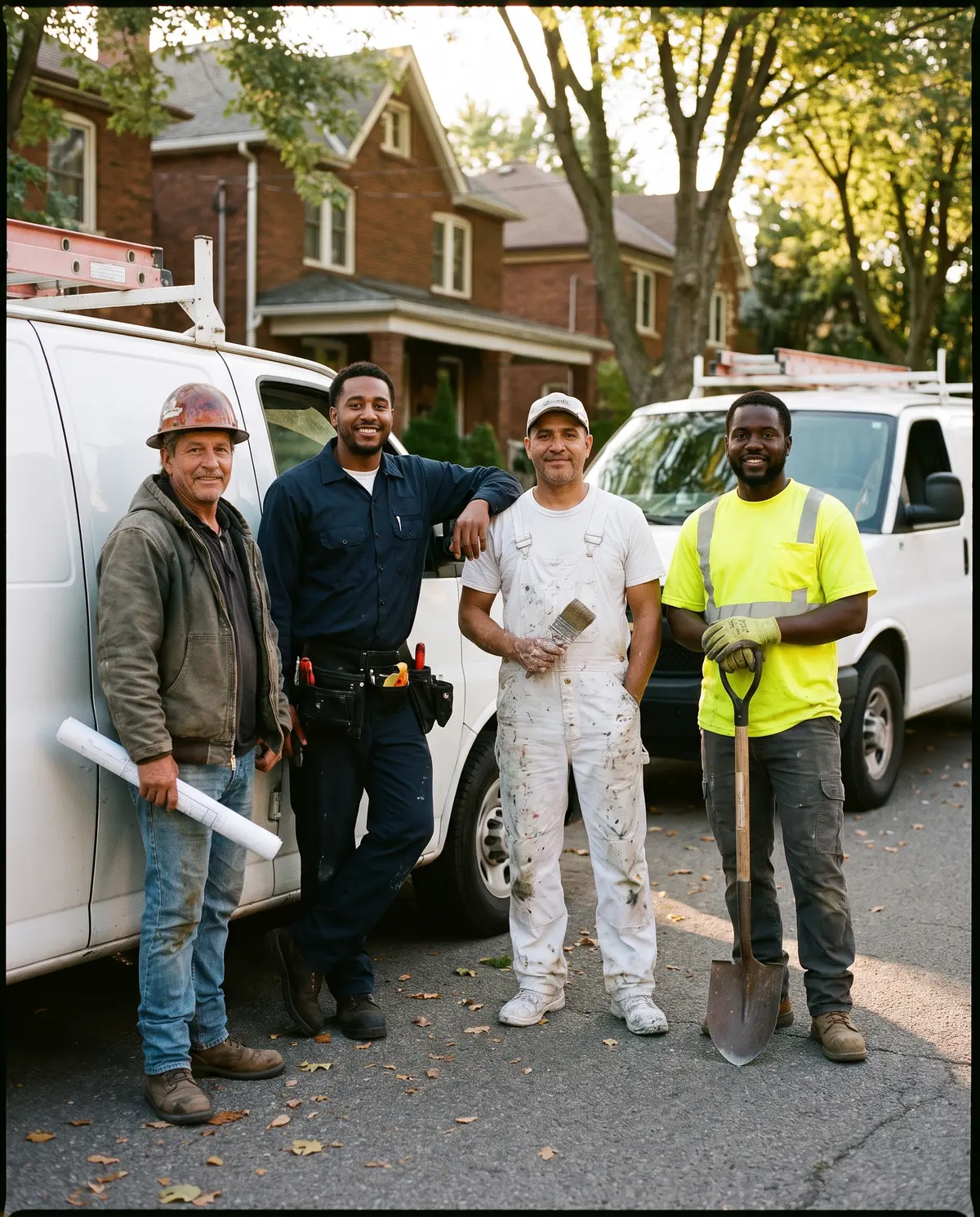 Tradespeople from four different trades standing in front of their service vans