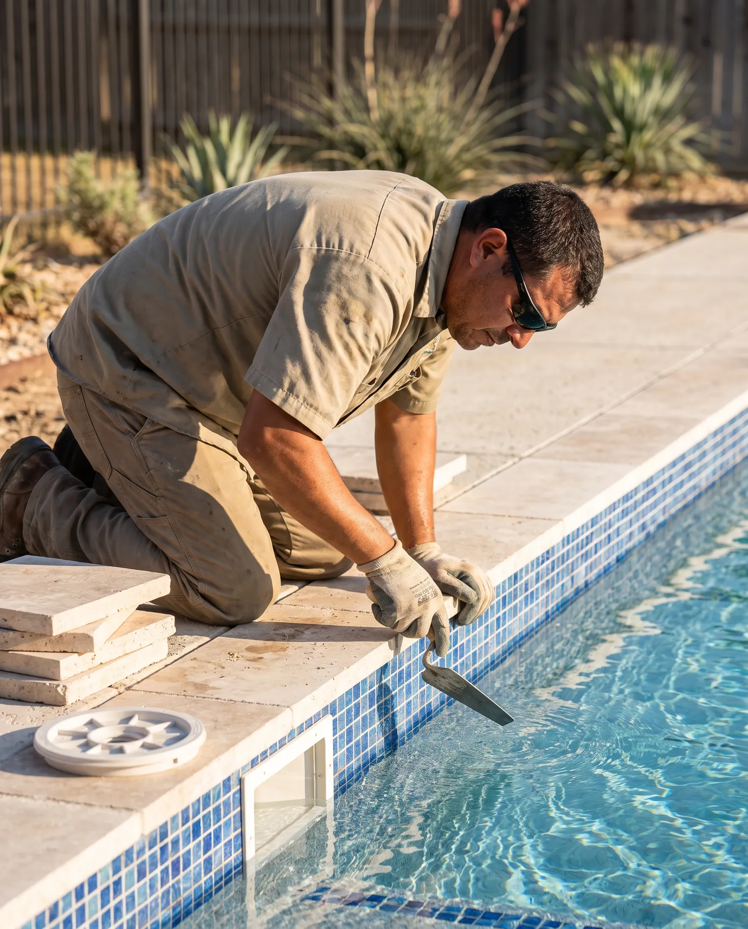 Pool contractor checking the tile line of a newly built swimming pool