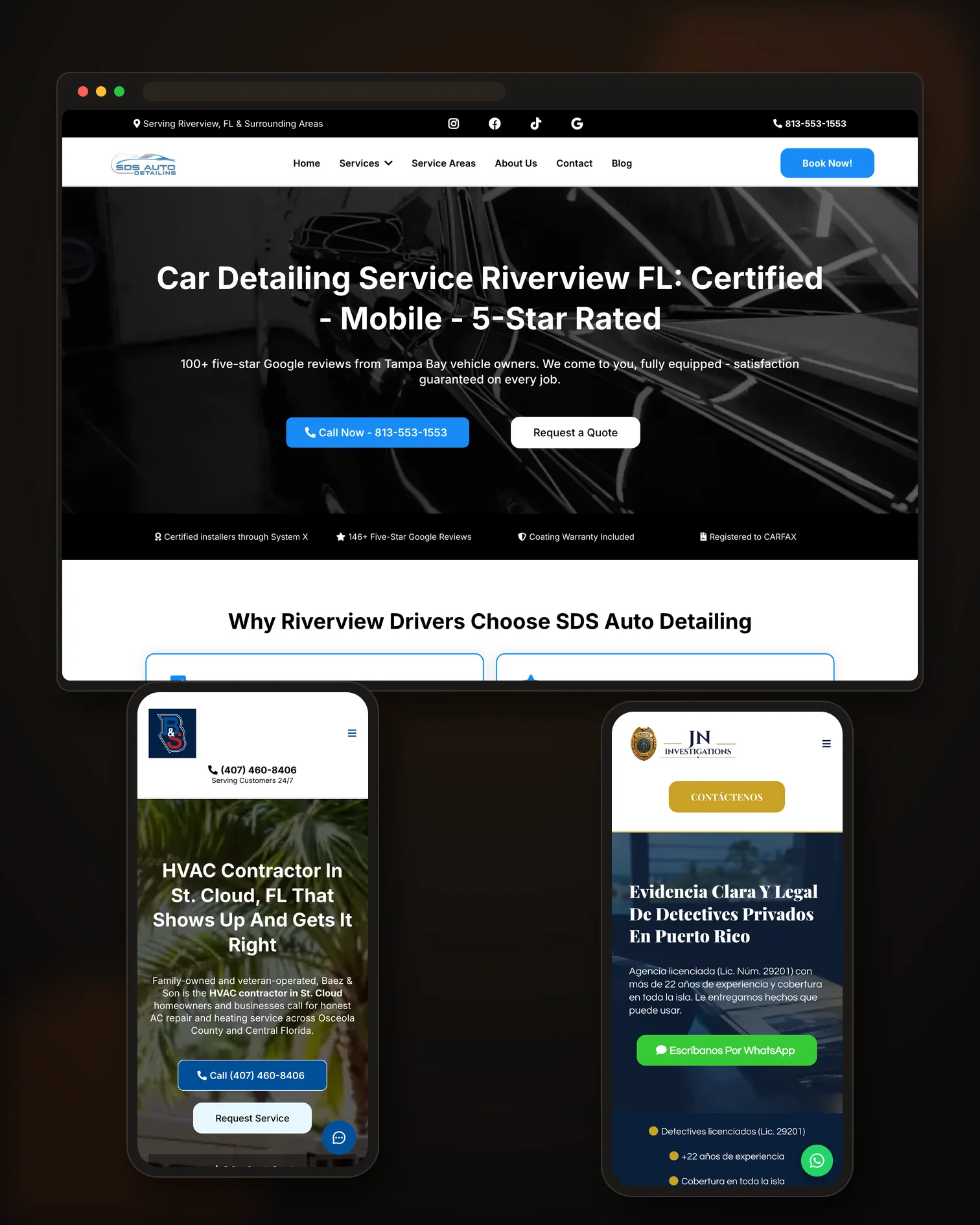 Three real websites built by Lightning Leads Pro shown on a desktop browser and two phones: SDS Auto Detailing, Baez and Son Air Condition and Heating, and JN Investigations