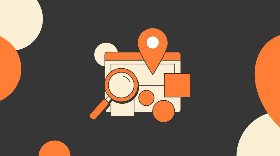 Illustration of a magnifying glass over a web page with a map pin, representing search-ready pages