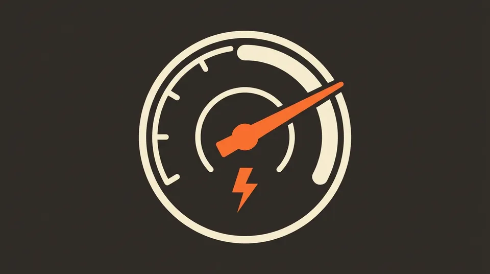 Illustration of a speedometer at maximum with a lightning bolt, representing fast page loads